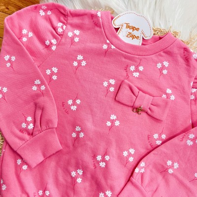 Conj. Casaco Florzinhas Brancas e Calça de Moletom - Rosa